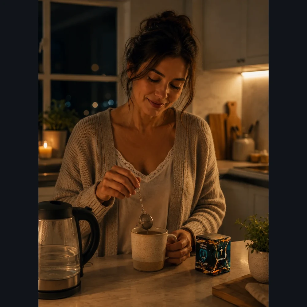 Vital Bridge EQUILIUM — woman relaxing with calming tea before bed