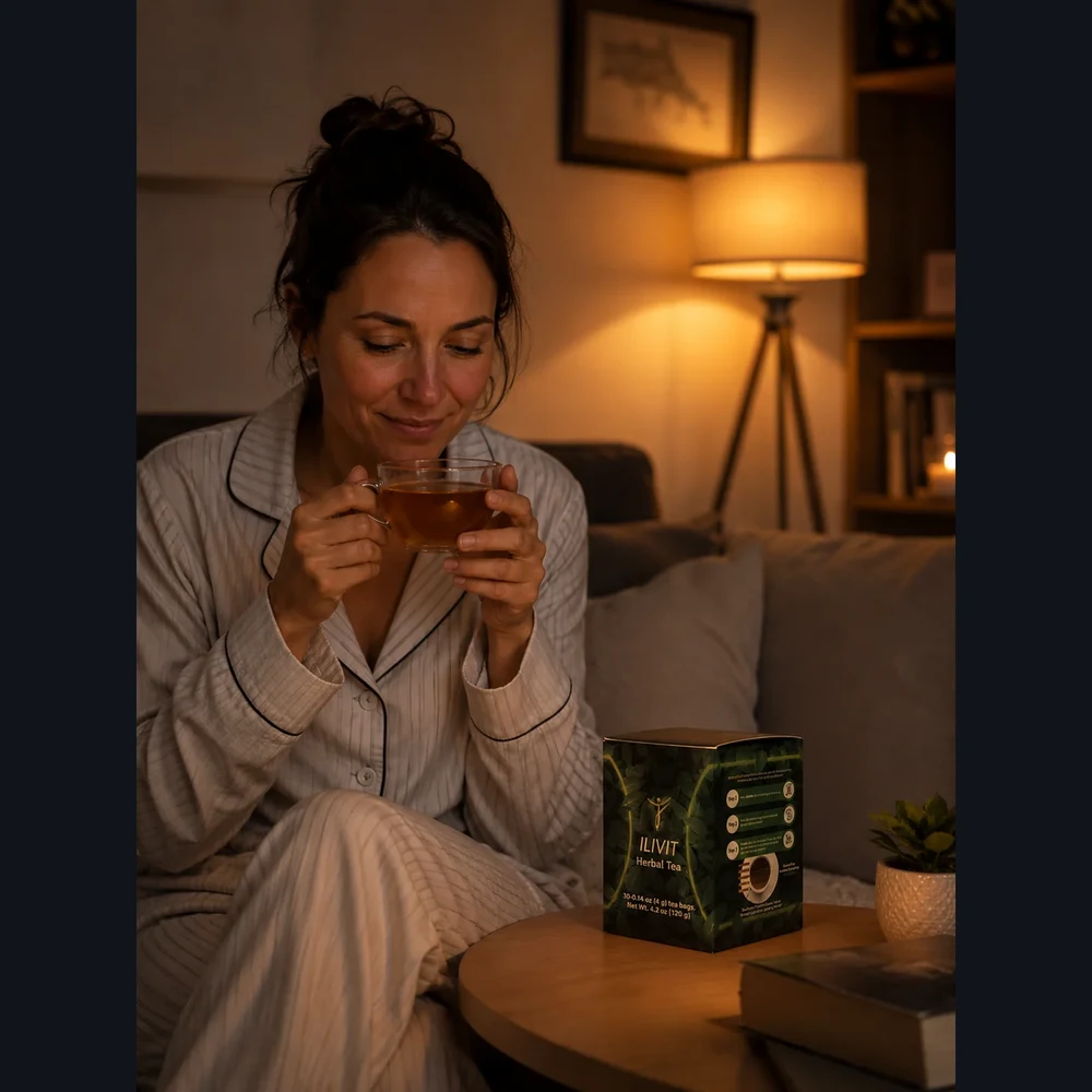 Vital Bridge ILÍVIT — woman enjoying herbal detox tea at home